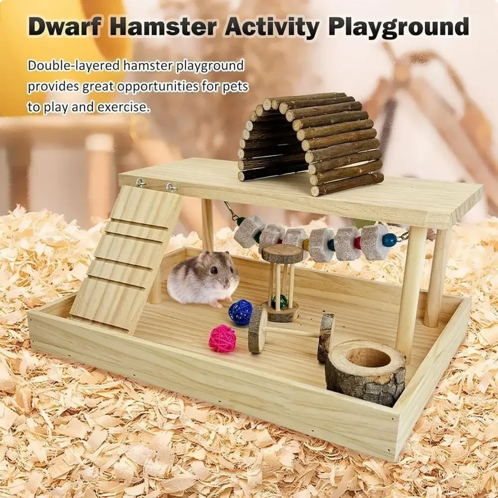 Dwarf Hamster Playground Gym System Natural Wood Cage Lava Stone Toy Ladder Ramp